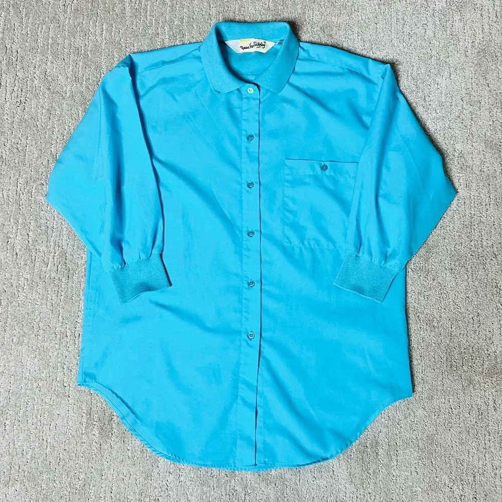 Vintage 80s Diane von Furstenberg Turquoise Blouse with Knit / Woven Collar - Picture 7 of 14